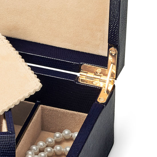 Savoy Jewellery Box in Midnight Blue Silk Lizard from Aspinal of London