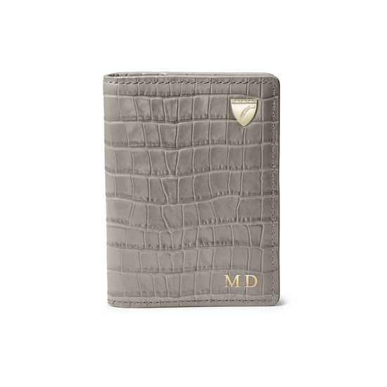 Double Fold Credit Card Holder in Deep Shine Warm Grey Small Croc from Aspinal of London