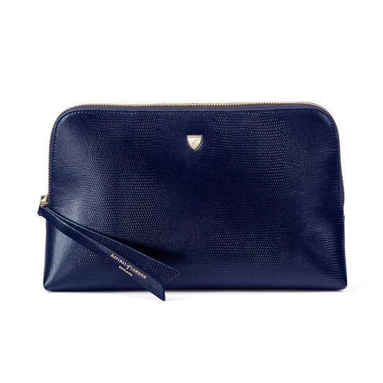 Large Essential Cosmetic Case in Midnight Blue Silk Lizard from Aspinal of London