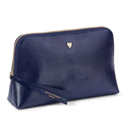 Large Essential Cosmetic Case in Midnight Blue Silk Lizard from Aspinal of London