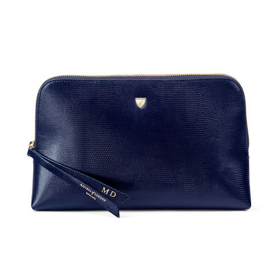 Large Essential Cosmetic Case in Midnight Blue Silk Lizard from Aspinal of London
