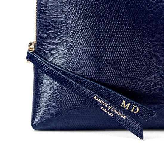 Large Essential Cosmetic Case in Midnight Blue Silk Lizard from Aspinal of London