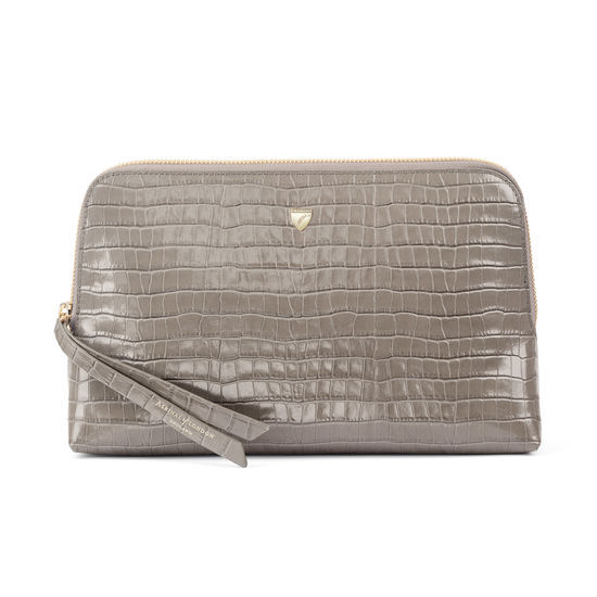 Large Essential Cosmetic Case in Deep Shine Warm Grey Small Croc from Aspinal of London