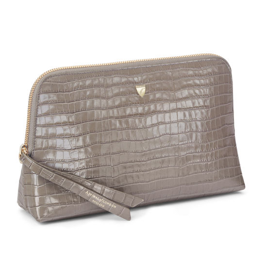 Large Essential Cosmetic Case in Deep Shine Warm Grey Small Croc from Aspinal of London
