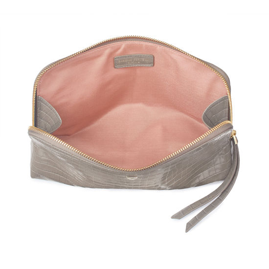 Large Essential Cosmetic Case in Deep Shine Warm Grey Small Croc from Aspinal of London