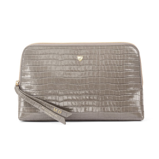 Large Essential Cosmetic Case in Deep Shine Warm Grey Small Croc from Aspinal of London