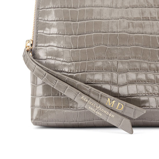 Large Essential Cosmetic Case in Deep Shine Warm Grey Small Croc from Aspinal of London