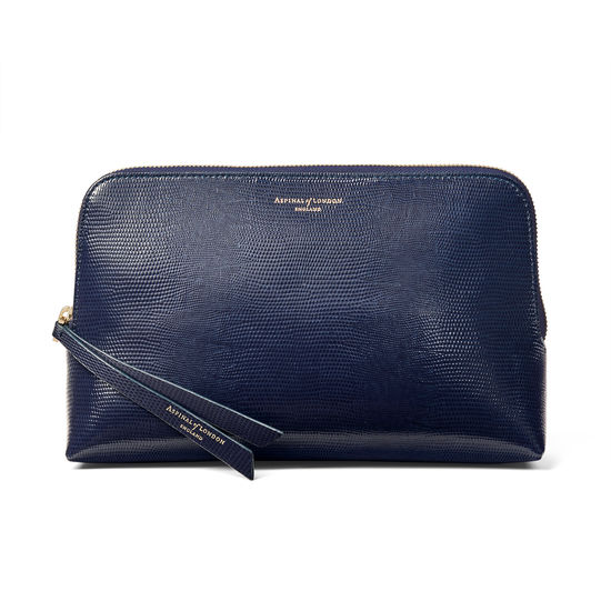Large Essential Cosmetic Case in Midnight Blue Silk Lizard from Aspinal of London