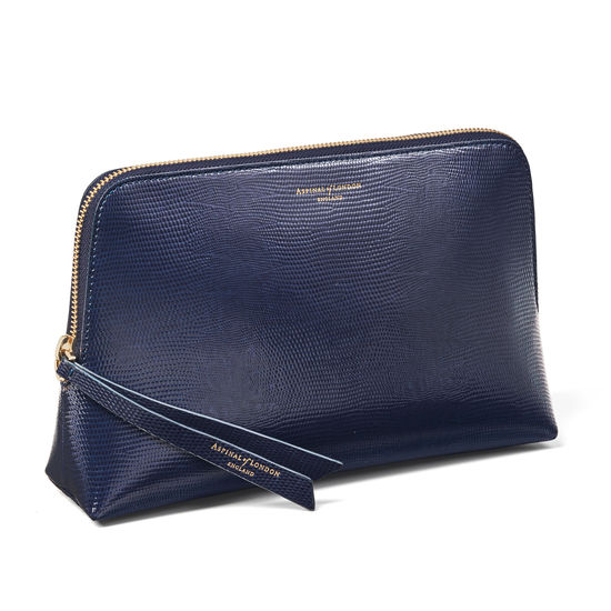 Large Essential Cosmetic Case in Midnight Blue Silk Lizard from Aspinal of London