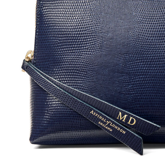 Large Essential Cosmetic Case in Midnight Blue Silk Lizard from Aspinal of London