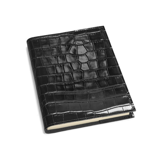 A5 Refillable Leather Journal in Deep Shine Black Croc from Aspinal of London