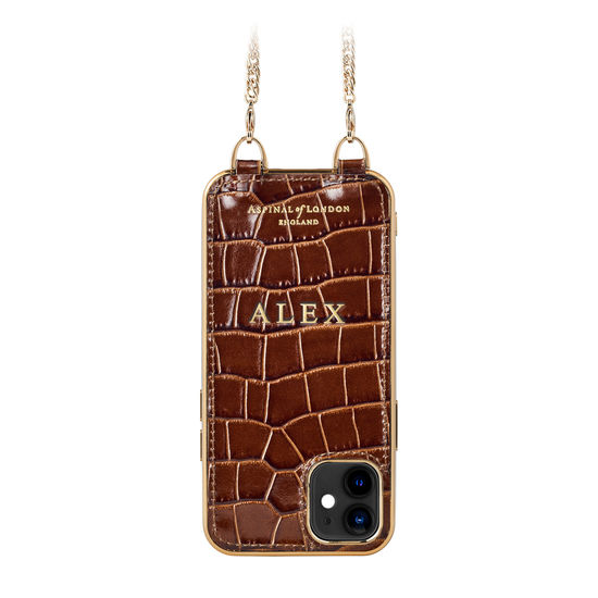 iPhone 12 Mini Chain Case in Deep Shine Chestnut Small Croc from Aspinal of London