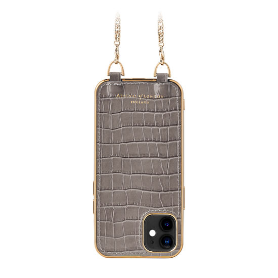 iPhone 12 Mini Chain Case in Deep Shine Warm Grey Small Croc from Aspinal of London