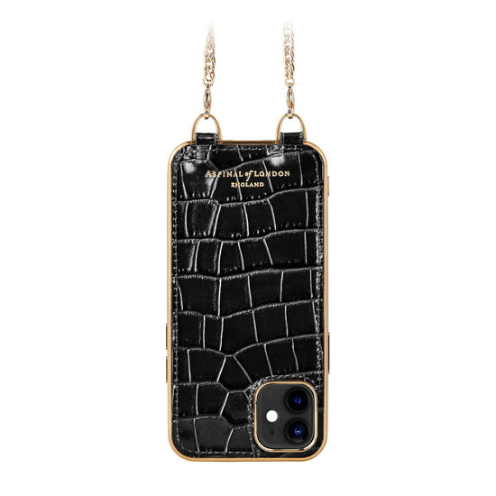 iPhone 12 Mini Chain Case in Deep Shine Black Small Croc from Aspinal of London