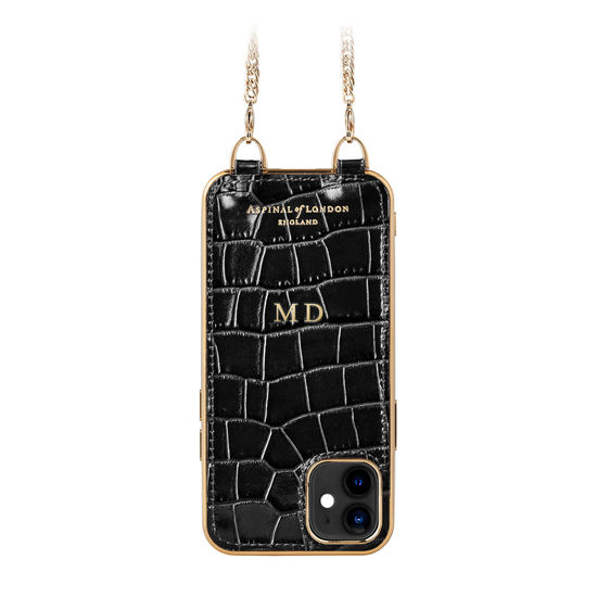 iPhone 12 Mini Chain Case in Deep Shine Black Small Croc from Aspinal of London