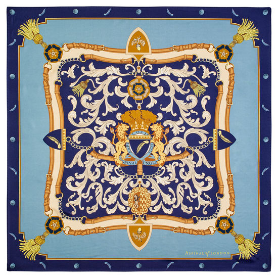 Aspinal Signature Shield Silk Scarf in Cornflower, Navy & Gold Silk Twill from Aspinal of London