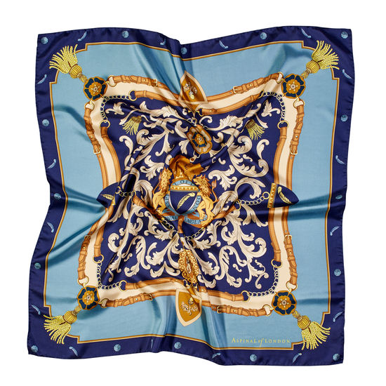 Aspinal Signature Shield Silk Scarf in Cornflower, Navy & Gold Silk Twill from Aspinal of London