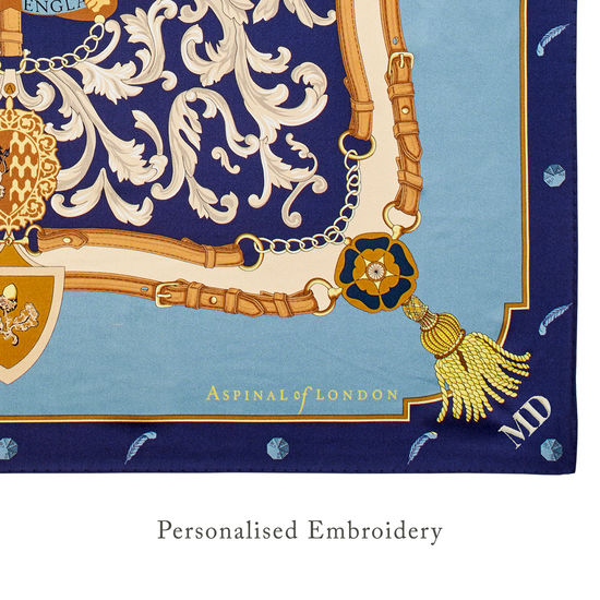 Aspinal Signature Shield Silk Scarf in Cornflower, Navy & Gold Silk Twill from Aspinal of London