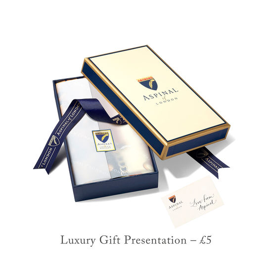 Aspinal Signature Shield Silk Scarf in Cornflower, Navy & Gold Silk Twill from Aspinal of London