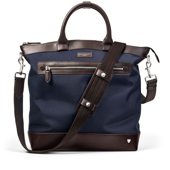 Anderson Tote in Navy Nylon & Smooth Chocolate Leather Trim from Aspinal of London