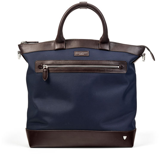 Anderson Tote in Navy Nylon & Smooth Chocolate Leather Trim from Aspinal of London