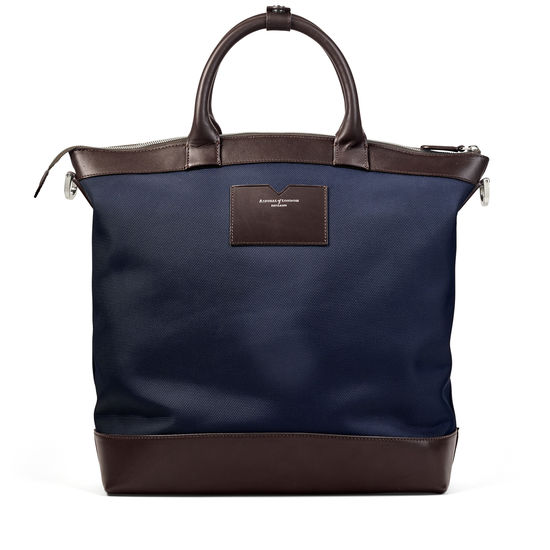Anderson Tote in Navy Nylon & Smooth Chocolate Leather Trim from Aspinal of London