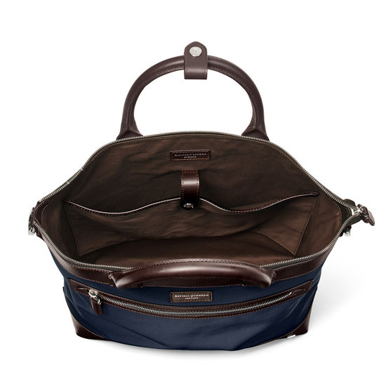 Anderson Tote in Navy Nylon & Smooth Chocolate Leather Trim from Aspinal of London