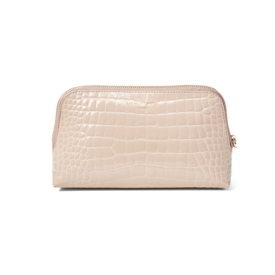 Small Essential Cosmetic Case in Soft Taupe Patent Croc from Aspinal of London