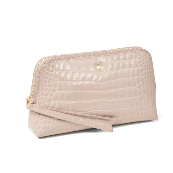 Small Essential Cosmetic Case in Soft Taupe Patent Croc from Aspinal of London