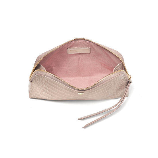 Small Essential Cosmetic Case in Soft Taupe Patent Croc from Aspinal of London