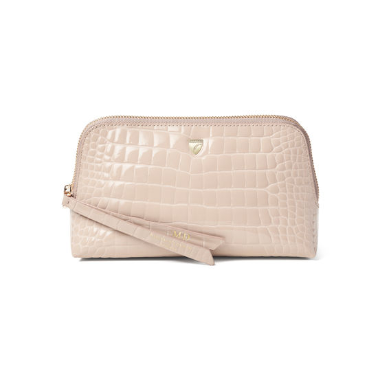 Small Essential Cosmetic Case in Soft Taupe Patent Croc from Aspinal of London