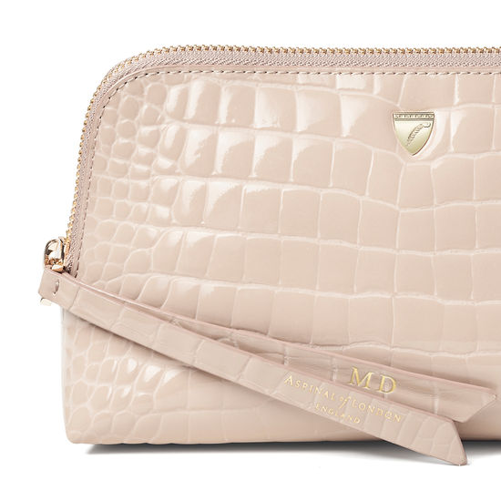 Small Essential Cosmetic Case in Soft Taupe Patent Croc from Aspinal of London