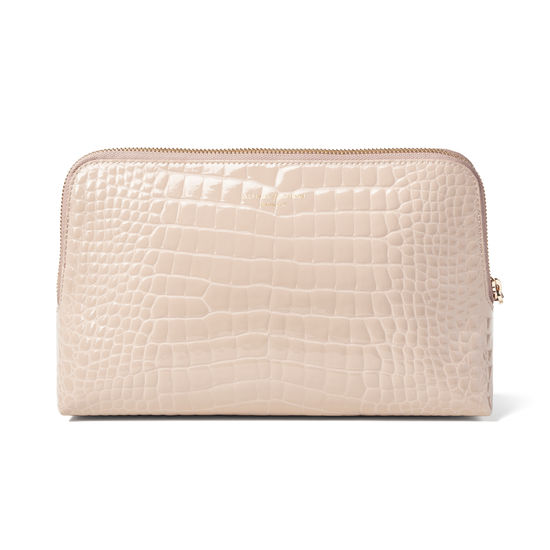 Large Essential Cosmetic Case in Soft Taupe Patent Croc from Aspinal of London
