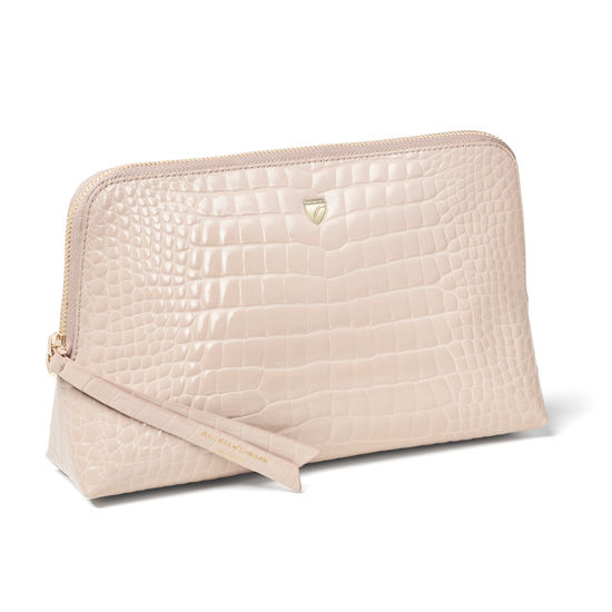 Large Essential Cosmetic Case in Soft Taupe Patent Croc from Aspinal of London
