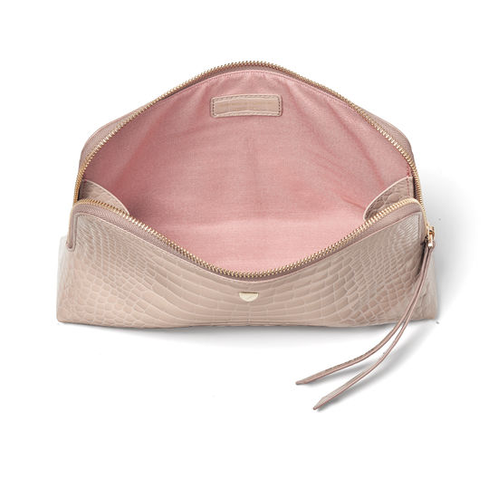 Large Essential Cosmetic Case in Soft Taupe Patent Croc from Aspinal of London