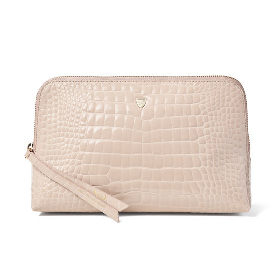 Large Essential Cosmetic Case in Soft Taupe Patent Croc from Aspinal of London