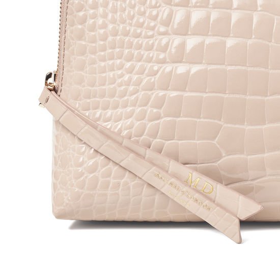 Large Essential Cosmetic Case in Soft Taupe Patent Croc from Aspinal of London