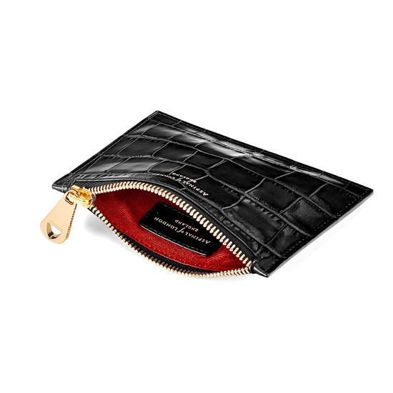 Small Essential Flat Pouch in Deep Shine Black Croc from Aspinal of London