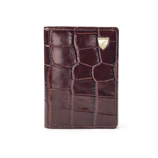 Double Fold Credit Card Holder in Deep Shine Amazon Brown Croc from Aspinal of London
