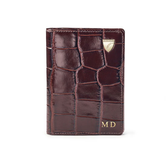 Double Fold Credit Card Holder in Deep Shine Amazon Brown Croc from Aspinal of London