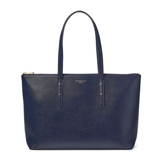 Zipped Regent Tote in Navy Saffiano from Aspinal of London