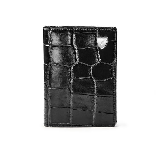 Double Fold Credit Card Holder in Deep Shine Black Croc from Aspinal of London