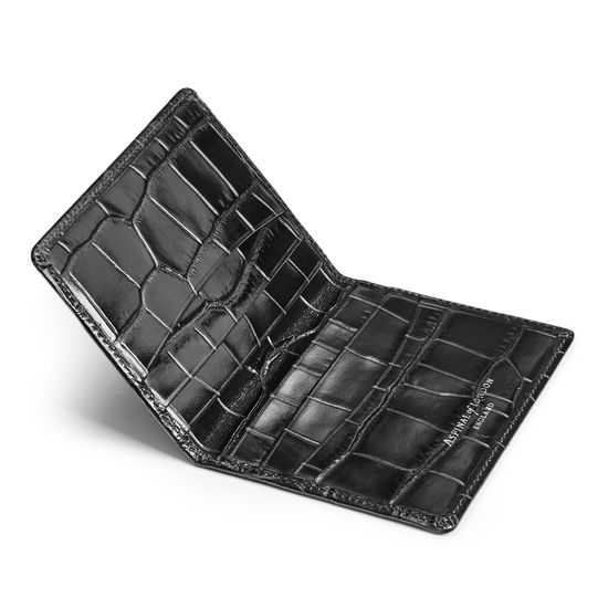 Double Fold Credit Card Holder in Deep Shine Black Croc from Aspinal of London