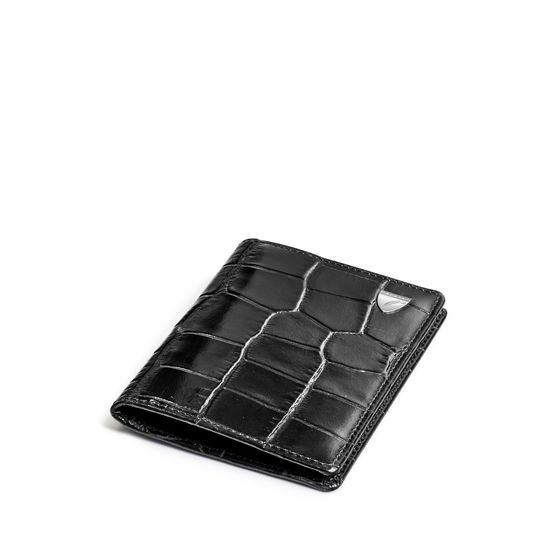 Double Fold Credit Card Holder in Deep Shine Black Croc from Aspinal of London