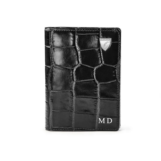 Double Fold Credit Card Holder in Deep Shine Black Croc from Aspinal of London