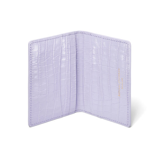 Double Fold Credit Card Holder in Deep Shine English Lavender Small Croc from Aspinal of London