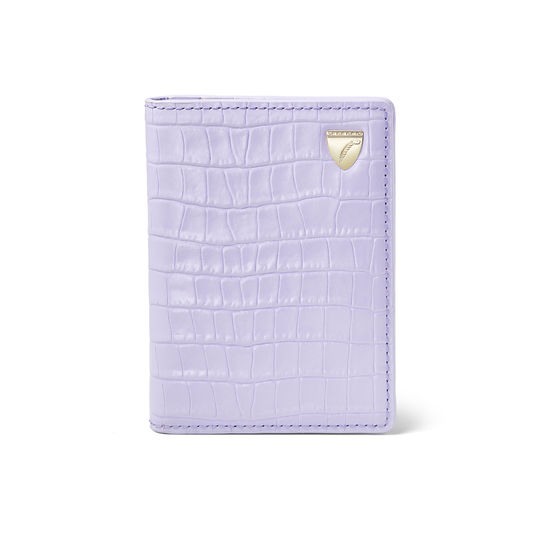 Double Fold Credit Card Holder in Deep Shine English Lavender Small Croc from Aspinal of London