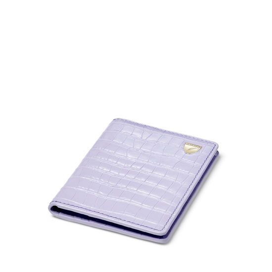 Double Fold Credit Card Holder in Deep Shine English Lavender Small Croc from Aspinal of London