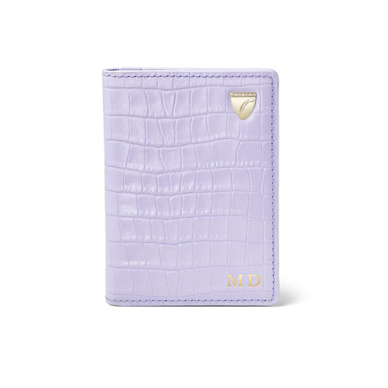 Double Fold Credit Card Holder in Deep Shine English Lavender Small Croc from Aspinal of London
