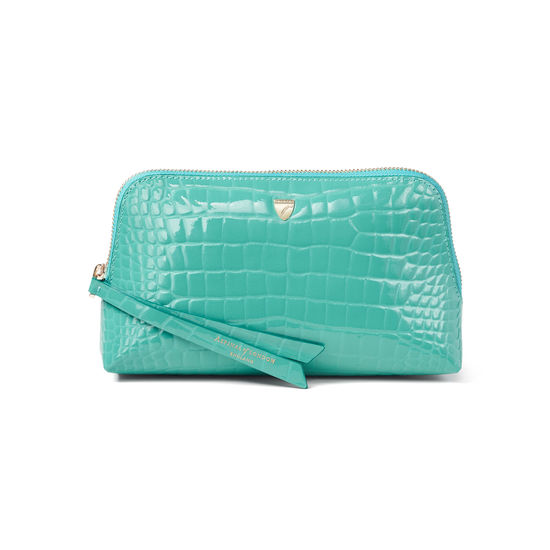 Small Essential Cosmetic Case in Chalkhill Blue Patent Croc from Aspinal of London
